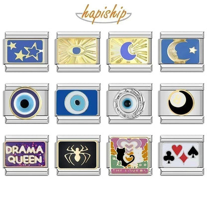 Hapiship 2024 Top Fashion Eye Moon Star Fish Spider Poker Queen Charm Italian Links Fit 9mm Bracelet Making DIY Jewelry DJ854 - Kaiju Mafia