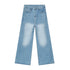 old blue washed denim pants on a white background showcasing wide leg and loose fit design.