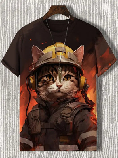3D graphic tee featuring a cat dressed as a firefighter, complete with helmet and headphones, against a fiery background.