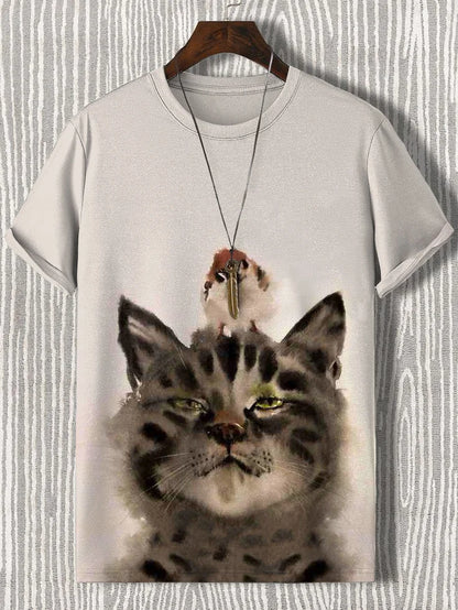 Japanese Samurai Cat 3D Graphic Tee with bird, men&