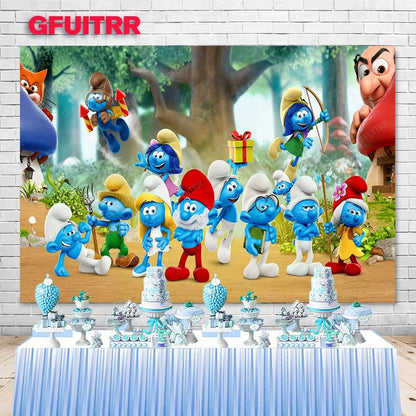 MINISO Forest Smurfs Backdrop Boys Kids Birthday Party Decoration Photography Background Studio Booth Prop Baby Shower Banner - Kaiju Mafia