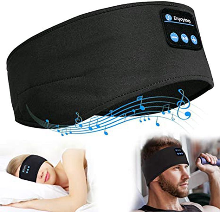 Wireless Bluetooth V5.0 sports headband for music and calls, ideal for sleep and workouts, showcasing versatility and comfort.