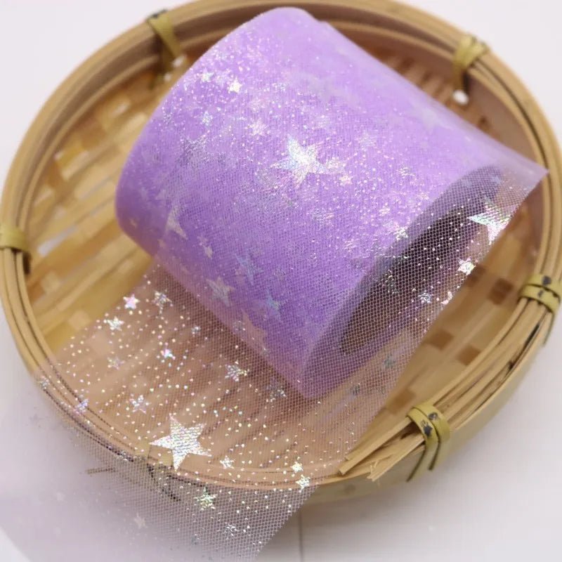 25yard Silver star Printed Tulle Cherry Blossom Mesh Fabric Rainbow Color Ribbon DIY Handmade Craft Ornament Material Supplies - Kaiju Mafia