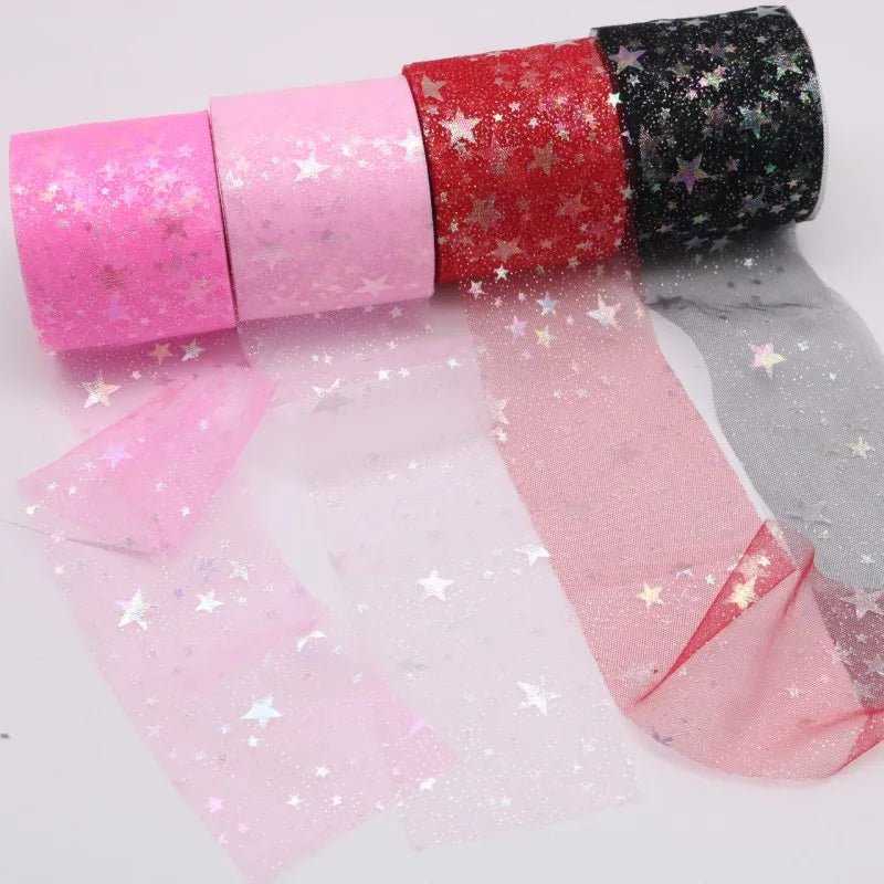 25yard Silver star Printed Tulle Cherry Blossom Mesh Fabric Rainbow Color Ribbon DIY Handmade Craft Ornament Material Supplies - Kaiju Mafia