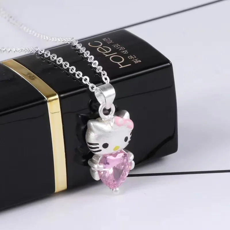 Kawaii Hello Kitty Sanrio Pink Crystal Necklace Silver Alloy Anime Jewelry Chain Female Charm Valentine Accessories Girl Gift