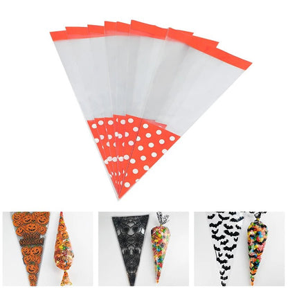 50pcs/Lot DIY Candy Bag Wedding Favors Halloween Christmas Party Decor Sweet Cellophane Print Cone Storage with Organza Pouches - Kaiju Mafia
