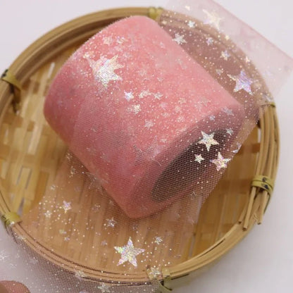 25yard Silver star Printed Tulle Cherry Blossom Mesh Fabric Rainbow Color Ribbon DIY Handmade Craft Ornament Material Supplies - Kaiju Mafia