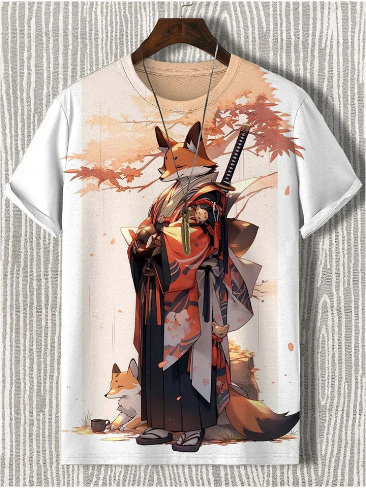 Japanese Samurai Cat 3D graphic tee featuring a fox character in traditional attire surrounded by autumn leaves.