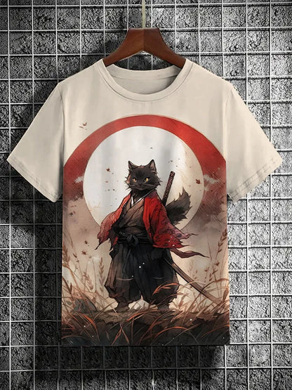 Japanese Samurai Cat 3D graphic tee displayed on a hanger against a textured wall background.