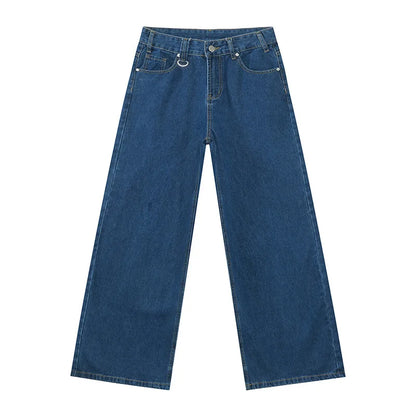 old blue washed denim pants in a wide-leg style with a relaxed fit.