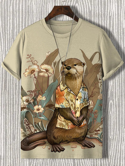 Otter wearing a Hawaiian shirt graphic tee, surrounded by flowers, ideal for casual summer wear.