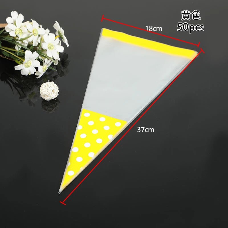 50pcs/Lot DIY Candy Bag Wedding Favors Halloween Christmas Party Decor Sweet Cellophane Print Cone Storage with Organza Pouches - Kaiju Mafia